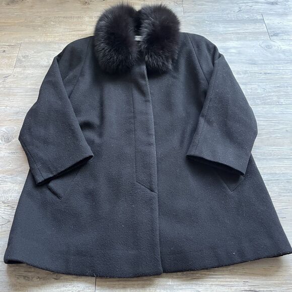 100% Virgin Wool Coat Black 8 Medium Vintage Goth Edwardian Real Fox Fur - Picture 1 of 13